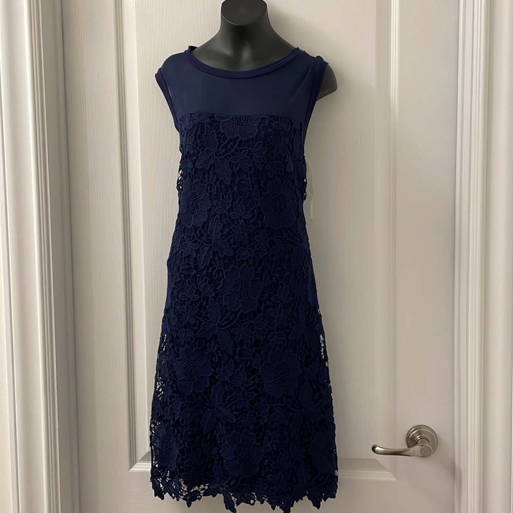 Kut dress navy see through mesh top lace overlay silver back zip Sz 8